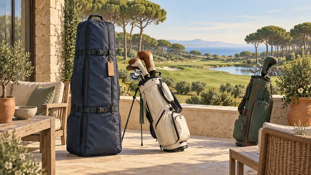 Illustration of a padded golf travel cover and two golf bags on a terrace overlooking a pine-lined course