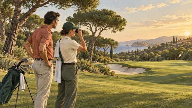 Illustration of a caddie using a laser rangefinder beside a golfer on a course
