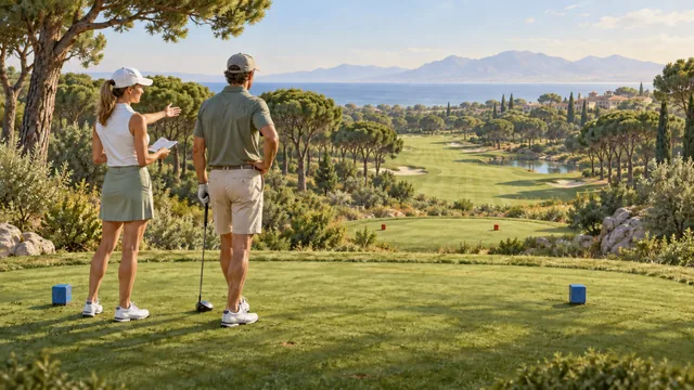 Illustration of two golfers discussing a scorecard beside blue tee markers, with red markers farther down the course