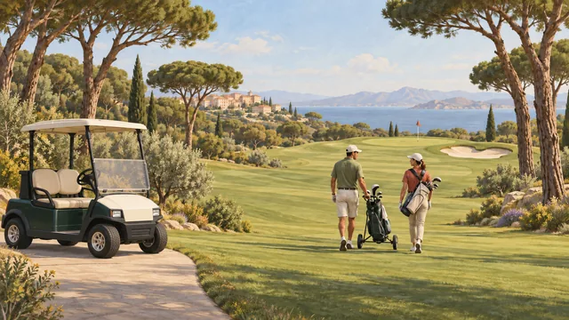 Illustration of a golf buggy parked on a cart path beside a fairway, with one golfer pushing a trolley and another carrying a stand bag