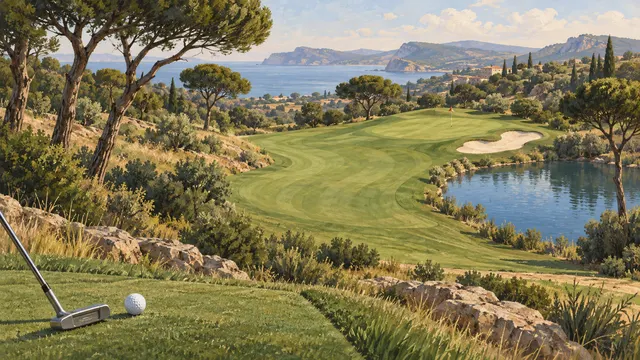 Illustrated golf hole showing a fairway, putting green, bunkers and water