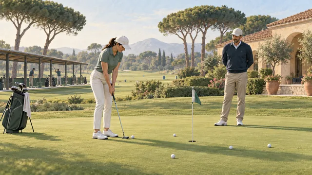 Illustration of a golfer practising a putt while a coach watches, with a covered driving range and pine trees behind