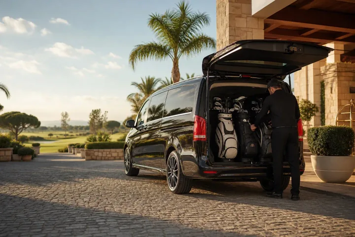 Private golf transfer vehicle loading golf bags at a Belek resort