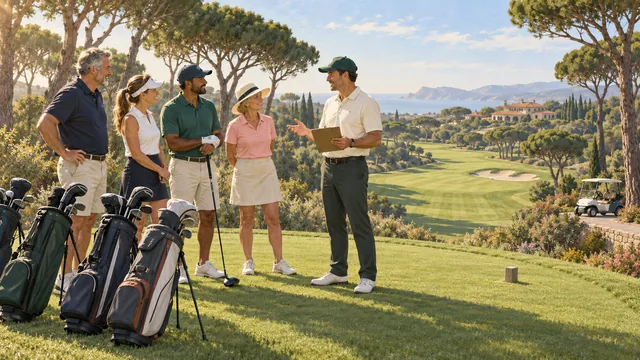 Illustration of a golf group on a first tee, bags on stands, as an organiser holding a clipboard talks with them, pine trees behind