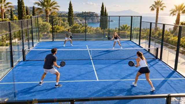 Four adults playing doubles padel on a blue glass-enclosed court in a sunny Mediterranean setting.
