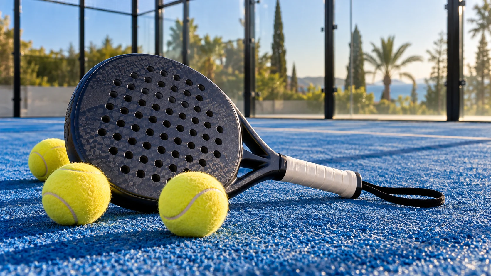 A perforated padel racket with a wrist strap and three yellow balls on a blue court beside a glass wall.