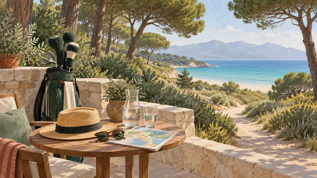 Illustration of a golf bag resting on a pine-shaded terrace beside a sun hat and folded map, with a beach, calm sea and distant mountains beyond