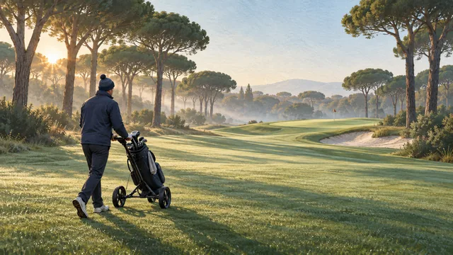 Illustration of a golfer in winter layers walking along a dew-covered, pine-lined fairway in low morning sunlight