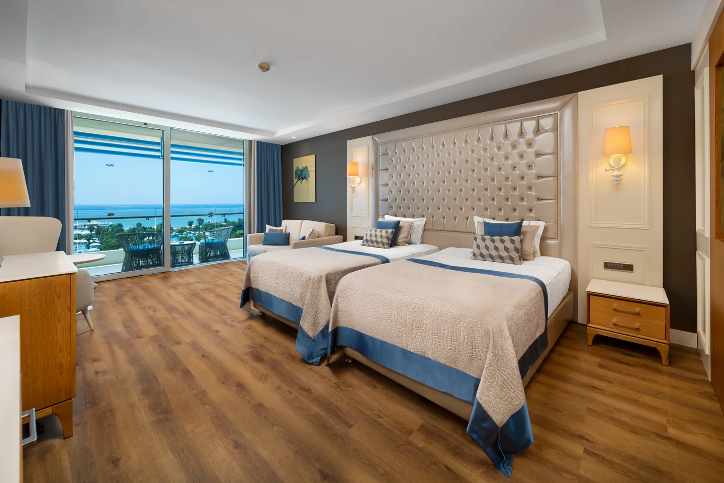 Deluxe sea-view room at Sueno Hotels Deluxe Belek with twin beds and a balcony